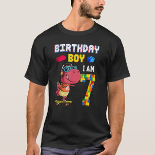7th Birthday T Rex 7 Years Old Block Building Din T-Shirt