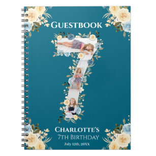 7th Birthday Teal Photo Flower Yellow Guest Book