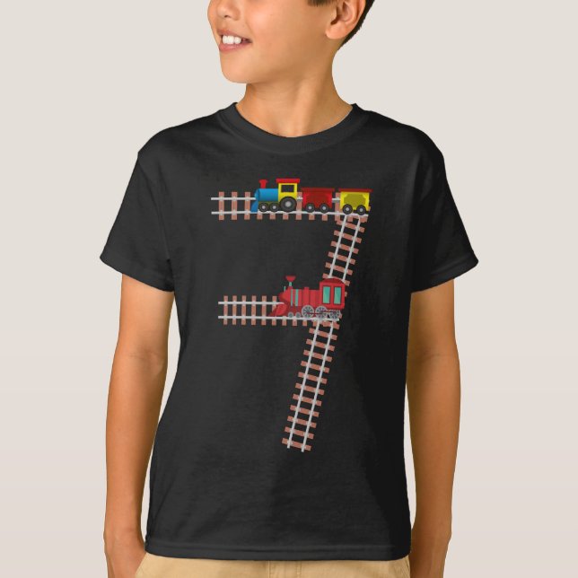 7th Birthday Train Theme 7 Year Old Boys Gift T-Shirt (Front)