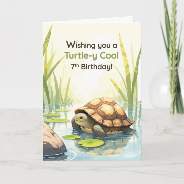 7th Birthday Turtley Cool Realistic Tortoise Pond Card (Front)