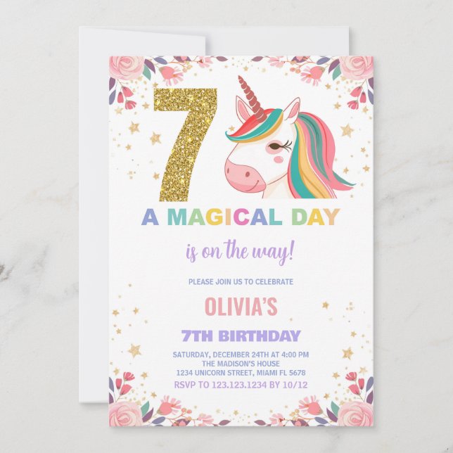7th Birthday Unicorn Birthday Invitations (Front)