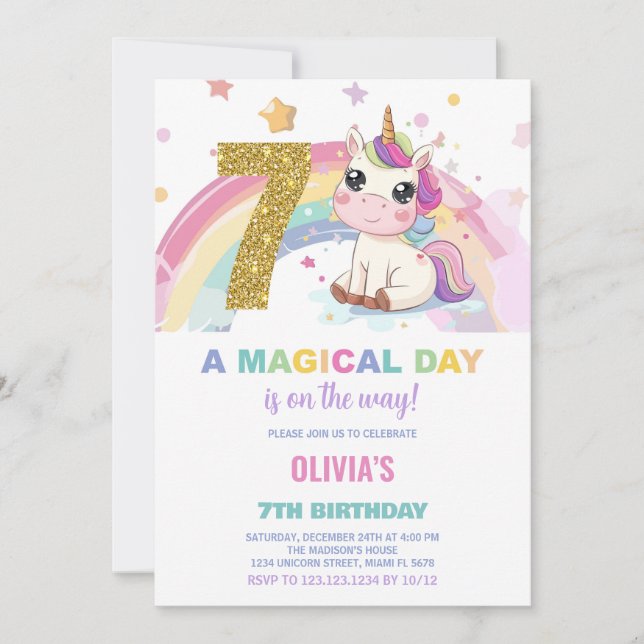 7th Birthday Unicorn Birthday Invitations (Front)