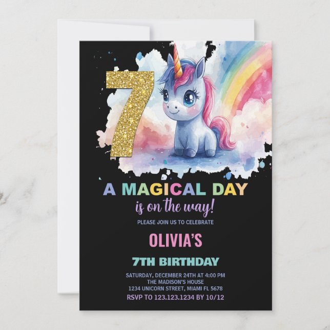 7th Birthday Unicorn Birthday Invitations (Front)