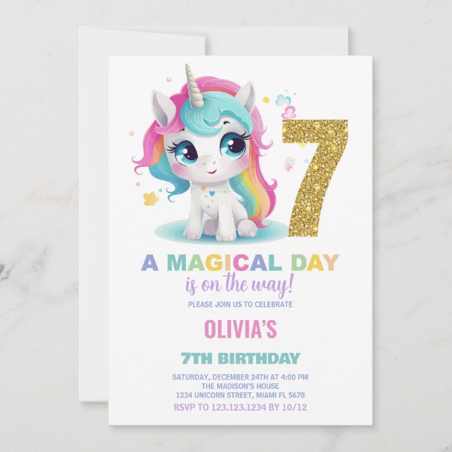 7th Birthday Unicorn Birthday Invitations (Front)