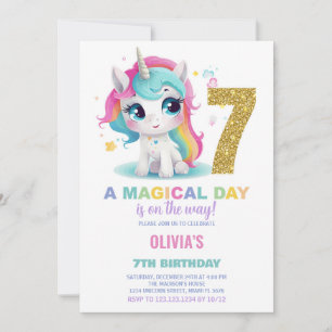 7th Birthday Unicorn Birthday Invitations