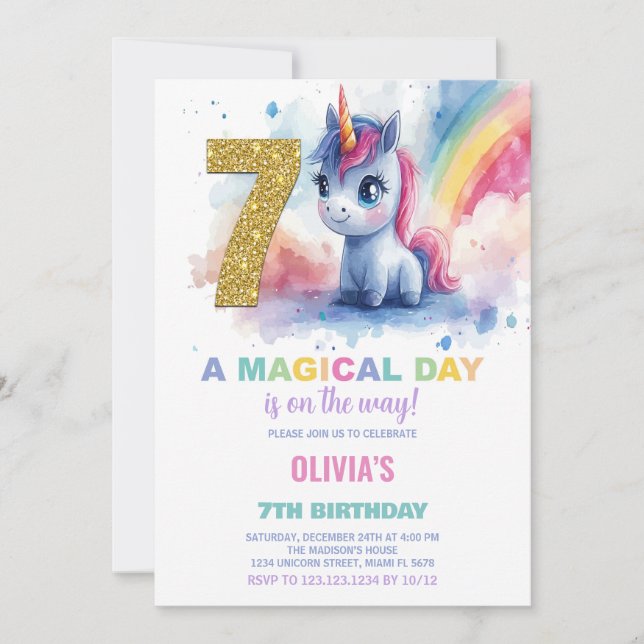 7th Birthday Unicorn Birthday Invitations (Front)