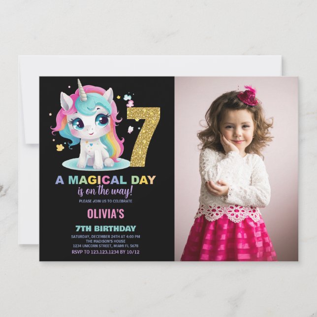 7th Birthday Unicorn Birthday Invitations photo (Front)