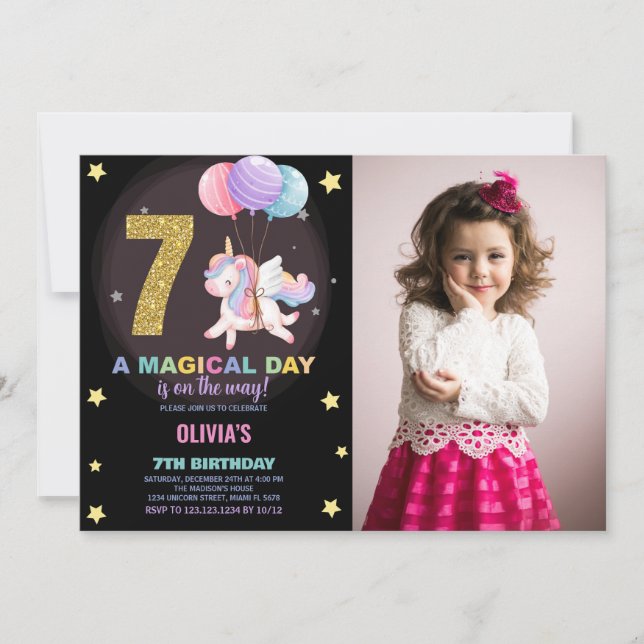 7th Birthday Unicorn Birthday Invitations photo (Front)