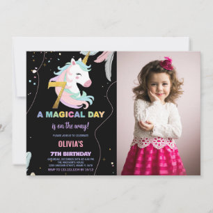 7th Birthday Unicorn Birthday Invitations w photo