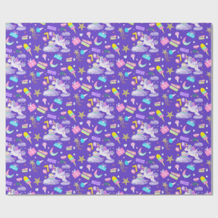 7th Birthday Unicorn Pattern Purple Wrapping Paper