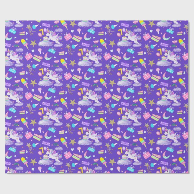 7th Birthday Unicorn Pattern Purple Wrapping Paper (Flat)