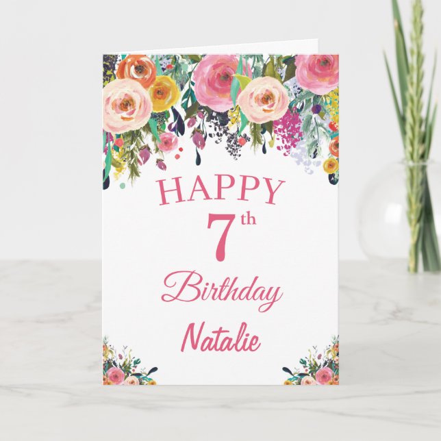 7th Birthday Watercolor Floral Flowers Pink Card (Front)