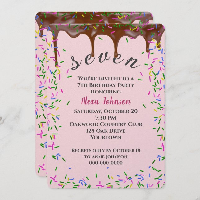 7th Birthday With Chocolate Icing And Sprinkles Invitation (Front/Back)