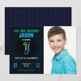 7th Boy Birthday Photo Invitation