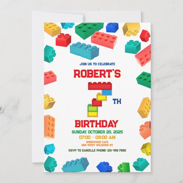 7th Building Blocks Birthday invite, Construction  Invitation (Front)