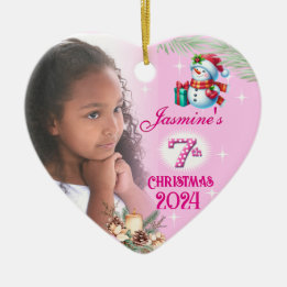 7th Christmas Personalized Girl's Photo Heart Gift Ceramic Ornament
