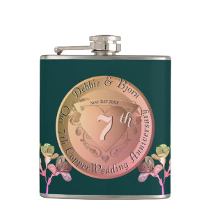 7th Copper Fresia Wedding Anniversary Hip Flask