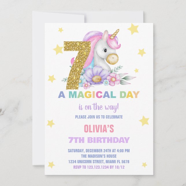 7th Floral Unicorn Birthday Invitations (Front)