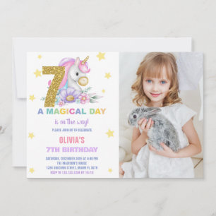 7th Floral Unicorn Birthday Invitations with Photo