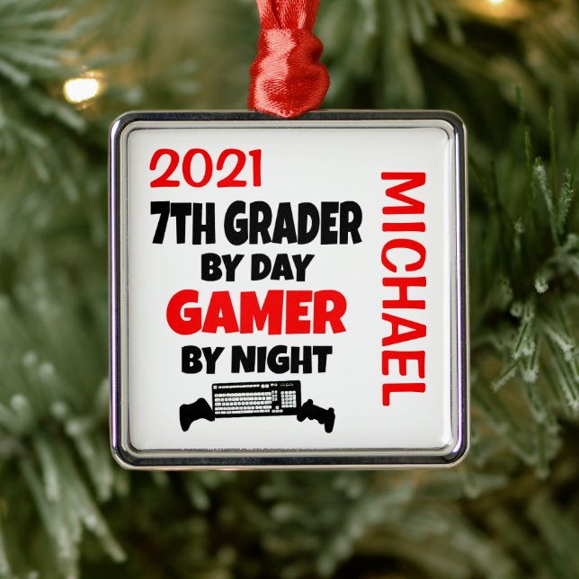 7th Grader Loves Playing Video Games CUSTOM Metal Ornament (Tree)