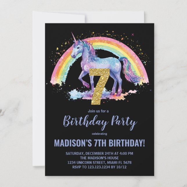 7th Rainbow Unicorn Birthday Invitations (Front)