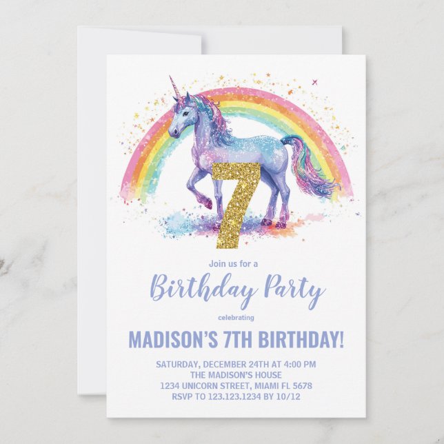 7th Rainbow Unicorn Birthday Invitations (Front)