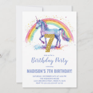 7th Rainbow Unicorn Birthday Invitations