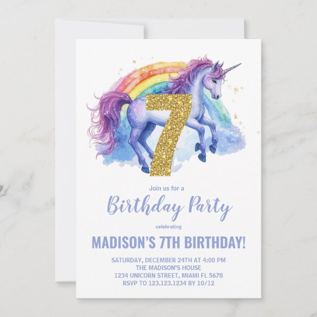 7th Rainbow Unicorn Birthday Invitations (Front)