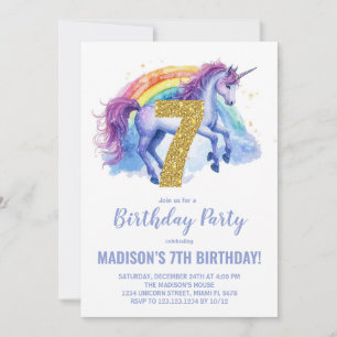 7th Rainbow Unicorn Birthday Invitations