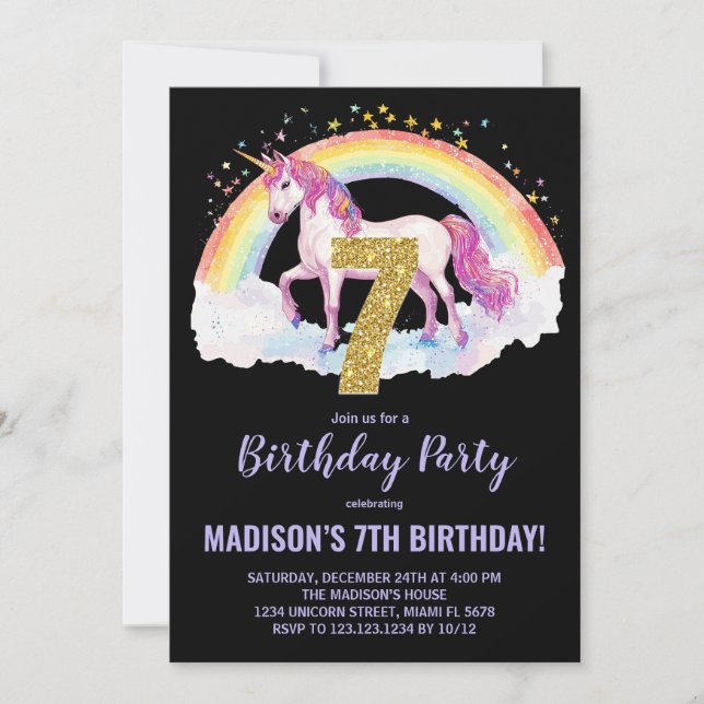 7th Rainbow Unicorn Birthday Invitations (Front)