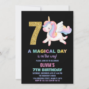 7th Rainbow Unicorn Birthday Invitations Black