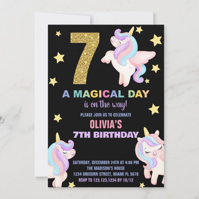 7th Rainbow Unicorn Birthday Invitations Fly (Front)