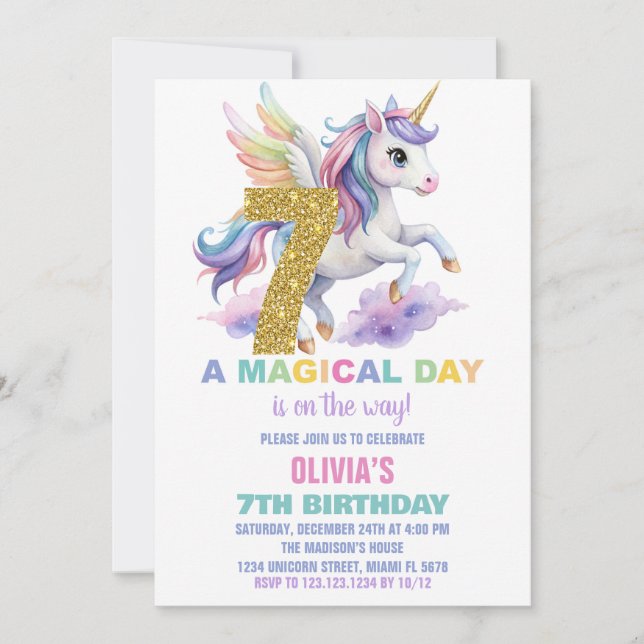 7th Rainbow Unicorn Birthday Invitations Fly (Front)