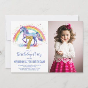 7th Rainbow Unicorn Birthday Invitations photo