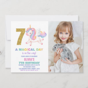 7th Rainbow Unicorn Birthday Invitations w photo