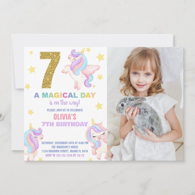 7th Rainbow Unicorn Birthday Invitations w photo (Front)