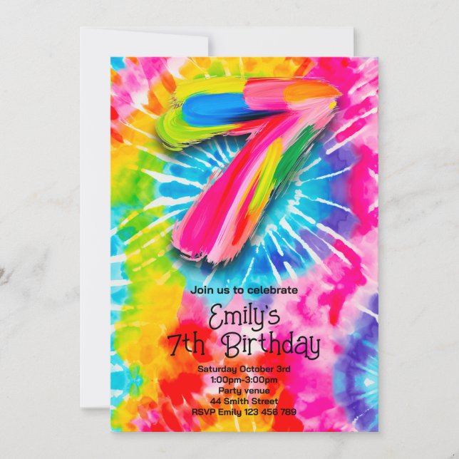 7th Tie Dye Birthday Invitation (Front)