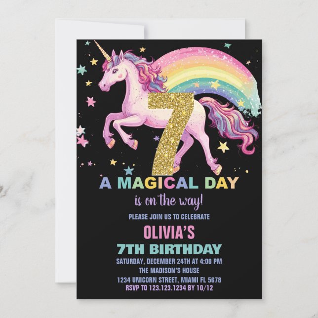 7th Unicorn Birthday Invitations Black (Front)