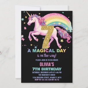 7th Unicorn Birthday Invitations Black