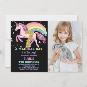 7th Unicorn Birthday Invitations Black with photo