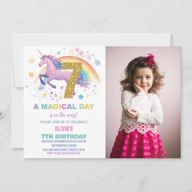 7th Unicorn Birthday Invitations with photo (Front)