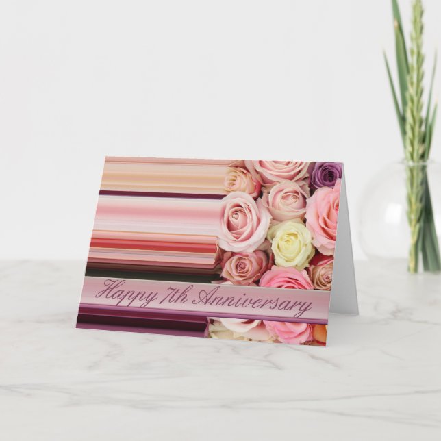 7th Wedding Anniversary Card - Pastel roses stripe (Front)