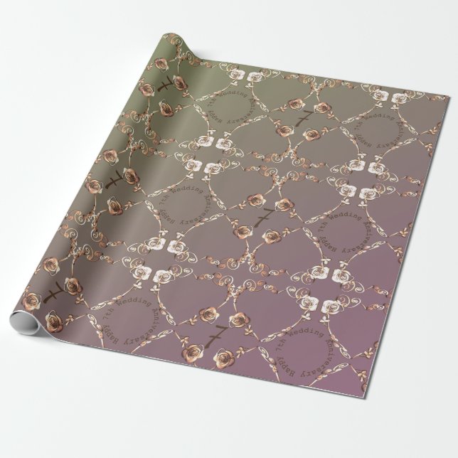 7th Wedding Anniversary Coppery Roses Wrapping Paper (Unrolled)