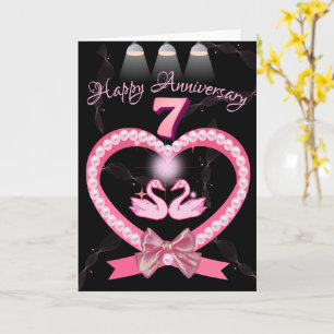 7th Wedding Anniversary Pink Heart Bow For Couple Card
