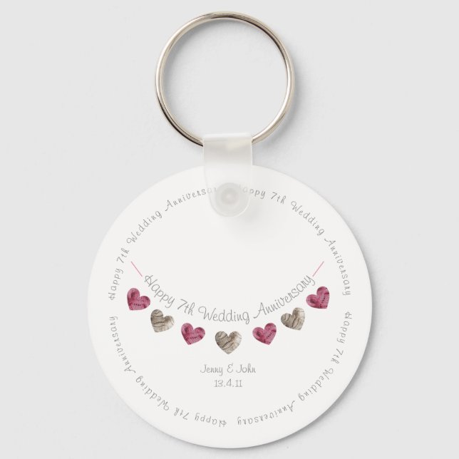 7th wedding anniversary wool heart bunting key ring (Front)