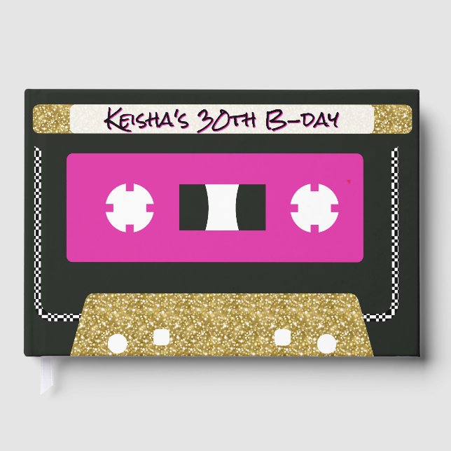 80|90's Retro Cassette Tape |Hot Pink & Gold Guest Book (Front)