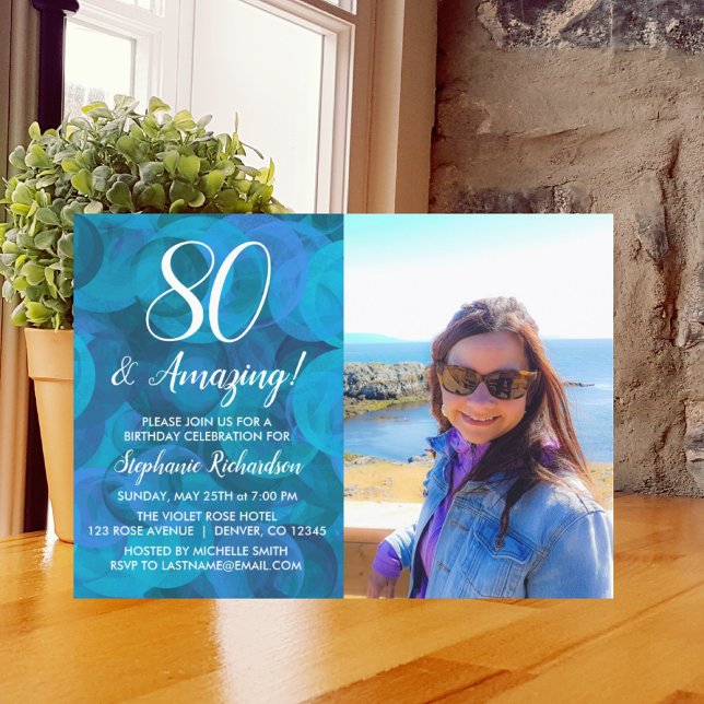 80 and Amazing Elegant Ocean Blue Photo Birthday Invitation (Creator Uploaded)
