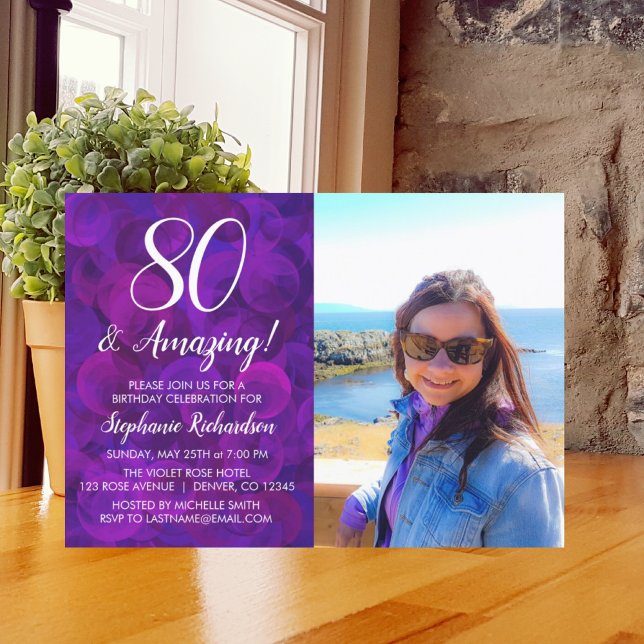 80 and Amazing Elegant Purple Photo Birthday Invitation (Creator Uploaded)