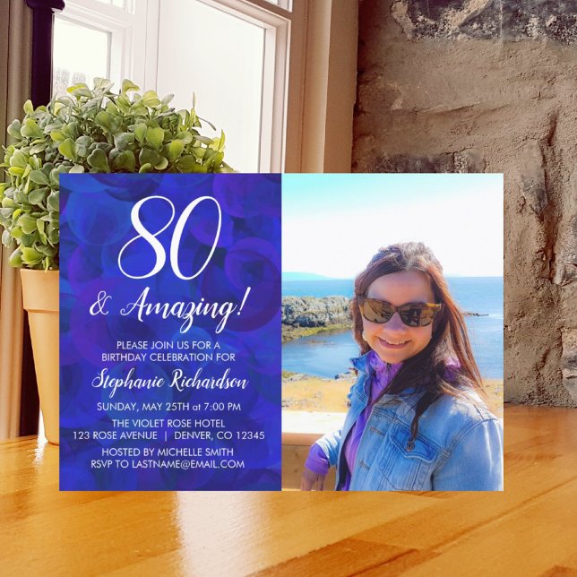 80 and Amazing Elegant Royal Blue Photo Birthday Invitation (Creator Uploaded)