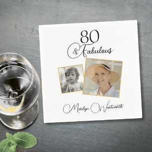 80 and Fabulous 80th Birthday Black Script Photo Napkin